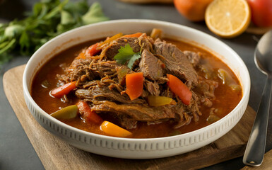 Ropa vieja is a beef stew with vegetables and spices. The name translates as "old clothes" due to the fibrous texture of the meat.