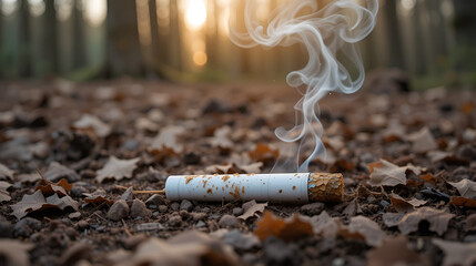 Eine brennende Zigarette liegt im Wald