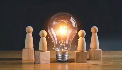 Glowing light bulb centered among wooden figures, symbolizing innovation and collaborative thinking.