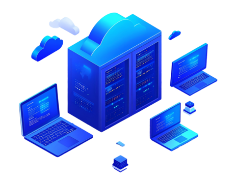 Isometric graphic of networked computers and cloud storage