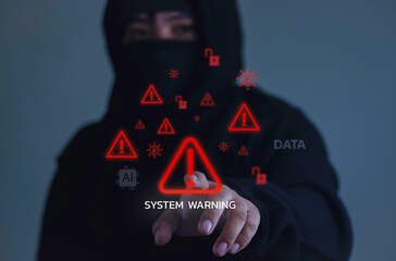 Mysterious hacker in a black hood touches a futuristic interface with system warning icons. Concept of cybersecurity, data breach, AI technology crime, and internet threat.