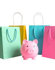 Colorful shopping bags and piggy bank