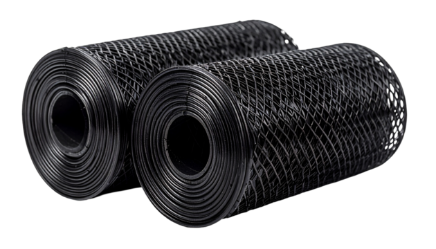 Two rolls of black metal chain link fence