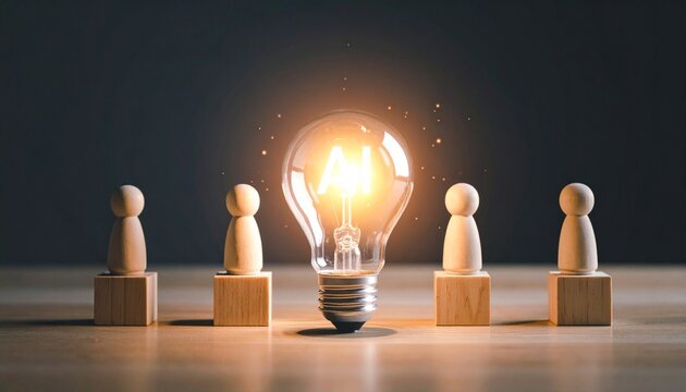 Glowing light bulb centered among wooden figures, symbolizing innovation and collaborative thinking.