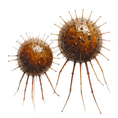 Two brown, spiky spheres against a black background.  Detailed image