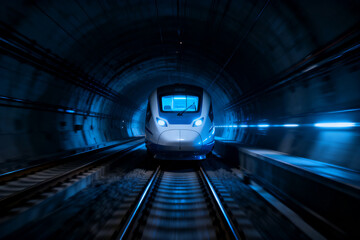 Modern train traveling through a dark underground tunnel with illuminated tracks and blue lighting
