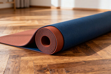 Rolled yoga mat on wooden floor in a room