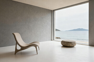 Minimalist interior with lounge chair and stone ottoman overlooking the sea through large window