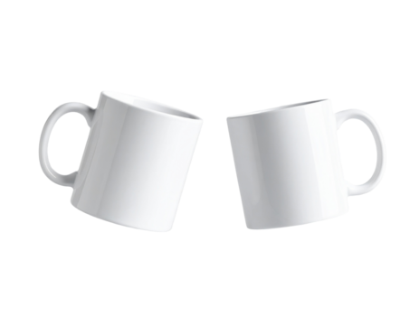 Two white mugs facing each other, tilted slightly