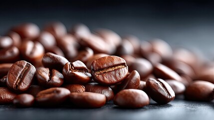 Pile of Dark Roasted Coffee Beans Closeup Against a Dark Background with Shallow Depth of Field for a Rich and Aromatic Visual Experience