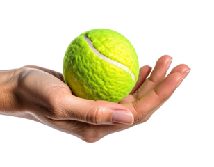 A hand holds a worn tennis ball