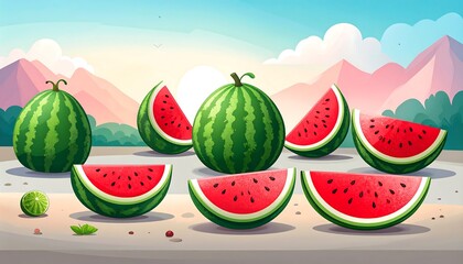 Cartoon watermelon slices against a backdrop of mountains and a sunrise