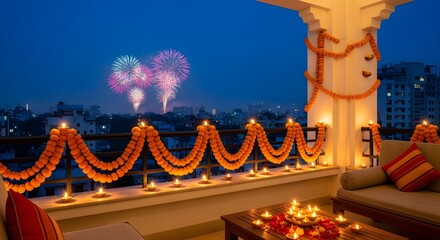 Fototapeta premium Outdoor terrace decorated with marigold garlands, diyas on railing, skyline dotted with fireworks.