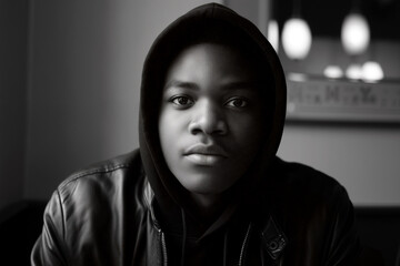 A young man gazes intently at the camera, wearing a hoodie and a leather jacket, in a warm, dimly lit indoor space in the evening. Generative AI.