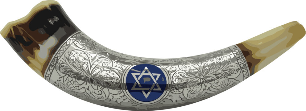 Decorative silver-plated shofar with Star of David, Jewish ceremonial ram horn, Yom Kippur symbol, Rosh Hashanah Judaica item
