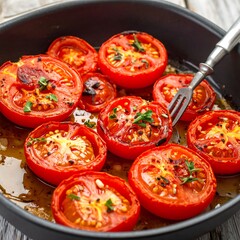 Roasted tomato slices in a pan