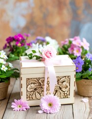 A decorative wooden gift box surrounded by various spring flowers