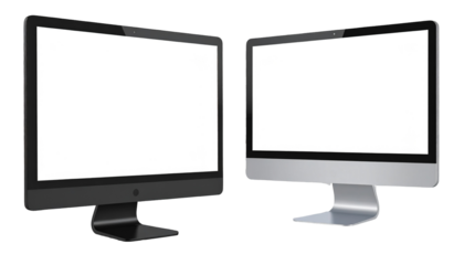 Two computer monitors angled outward, displaying blank white screens
