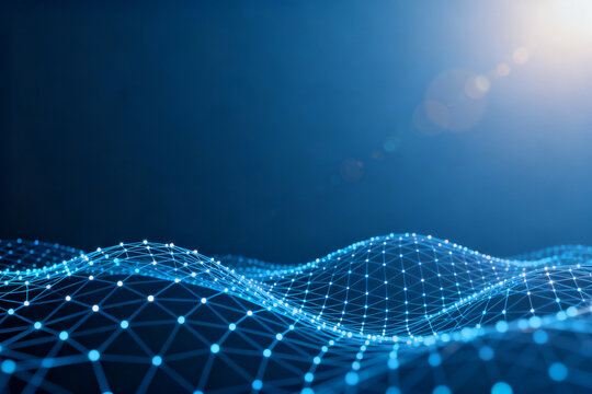 Abstract digital wave pattern with connected dots and lines on a blue background