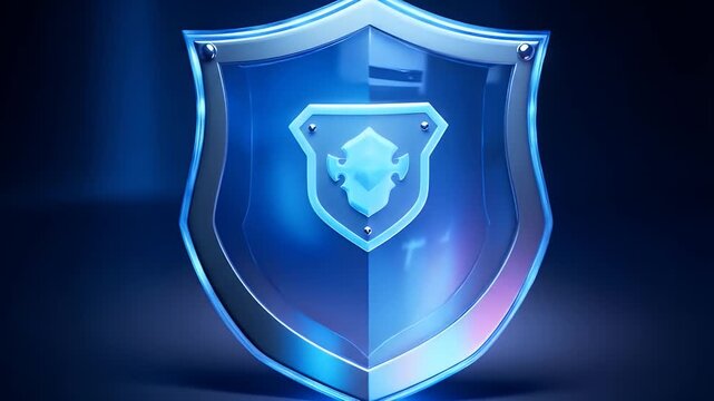 Blue Metallic Shield Icon With Central Jewel Design Against Dark Blue Backdrop
