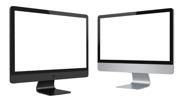 Two computer monitors angled outward, displaying blank white screens