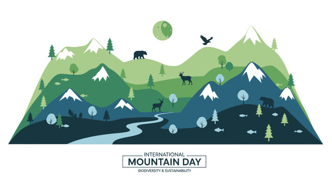 Minimal 2D flat vector of layered mountains with trees, rivers, and wildlife, symbolizing biodiversity and sustainability, International Mountain Day theme, modern infographic style