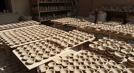 Pottery workshop: drying diyas in sun, stacks of unfired clay lamps.