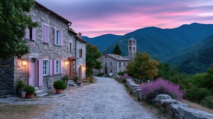 Picturesque Mountain Village at Sunset with Stone Buildings in Europe with Vibrant Sky and Lush Green Mountains in HDR Lighting