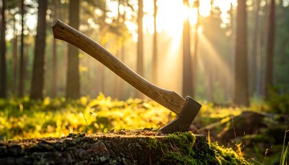 Axe resting on a tree stump in a sunlit forest