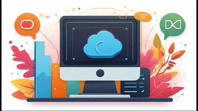 Stylized Computer Monitor with Cloud Storage Graphic on Vibrant Background