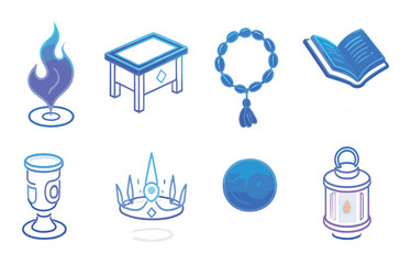 Glowing fantasy icons featuring flame, table, beads, book, goblet, crown, orb, and lantern