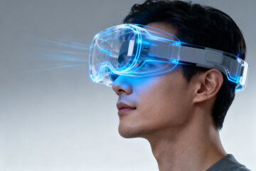 Person wearing futuristic augmented reality glasses with glowing blue interface