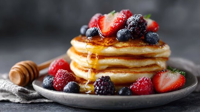A stack of golden pancakes drizzled with honey and topped with fresh mixed berries dusted with powdered sugar