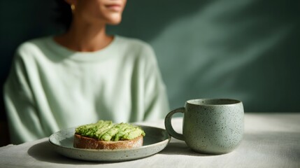 A healthy avocado toast and a mug sit on a table with soft light and a person in the background