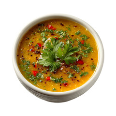 Ceramic bowl with visible edges filled with lentil soup isolated on transparent background for comfort food
