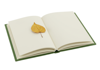 Isolated open book with blank pages and a single fallen leaf, nature journal autumn concept
