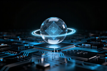 A glowing crystal sphere with a geometric pattern hovers above a futuristic circuit board, illuminated by blue light.
