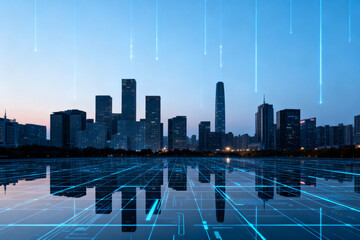 Futuristic city skyline with digital grid reflections and vertical light beams at twilight