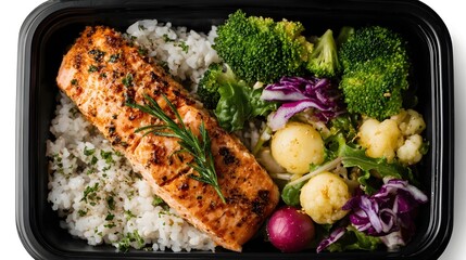 Salmon and rice meal prep container with steamed broccoli cauliflower baby potatoes and vibrant red cabbage