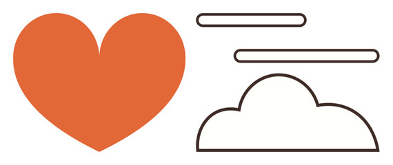 Orange heart symbol beside outlined cloud and horizontal lines suggesting calm, love, and clarity. Ideal for emotion, happiness, optimism, relationships, wellness positivity motivation. Simple flat