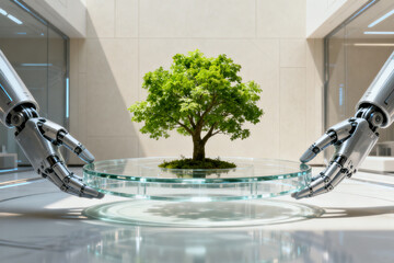 Robotic hands holding a glass dish with a small tree in a modern indoor setting