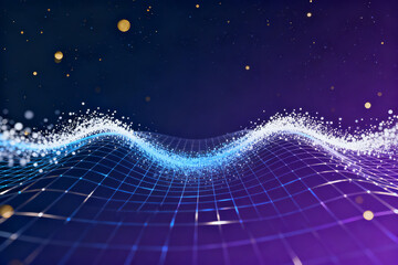 Abstract digital wave with glowing particles on a grid background in deep purple and blue tones