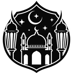 Islamic Mosque Silhouette with Crescent Moon and Lanterns religion faith