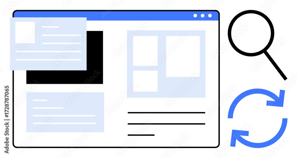 Aufkleber browser window with content blocks, magnifying glass for search, and circular arrows for refresh. id