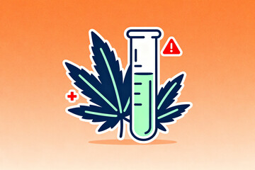 Illustration of a cannabis leaf and test tube with warning symbol, representing medical or scientific analysis of marijuana.
