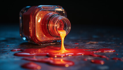 Photograph of an upside-down glass bottle of red sauce spilling onto a dark, textured surface. The bottle, made of clear glass, has a narrow neck and is positioned in the upper left corner, with the