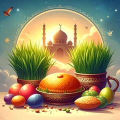 Festive scene with traditional treats and a mosque