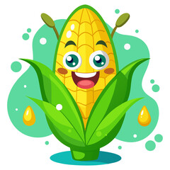 Funny Cartoon Corn Character with Happy Face and Green Leaves – Transparent Background.
