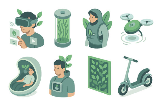 Green technology concepts illustrated with virtual reality, drone, and eco-friendly transportation elements