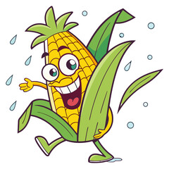 Funny Cartoon Corn Character with Happy Face and Green Leaves – Transparent Background.